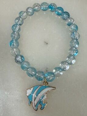 Sea Glass Blue Beaded Bracelet with Enamel Manta Charm